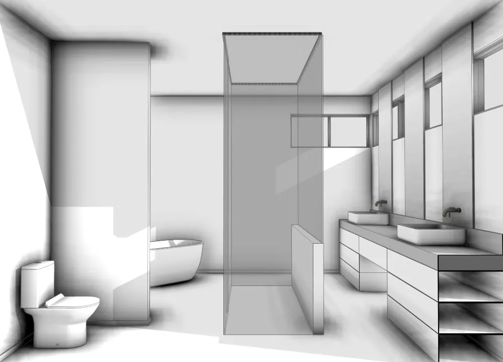 Render en blanco y negro de un diseño de baño moderno con lavabo doble y bañera