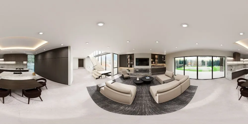 Vista panorámica de 360 grados de una sala de estar moderna con cocina integrada