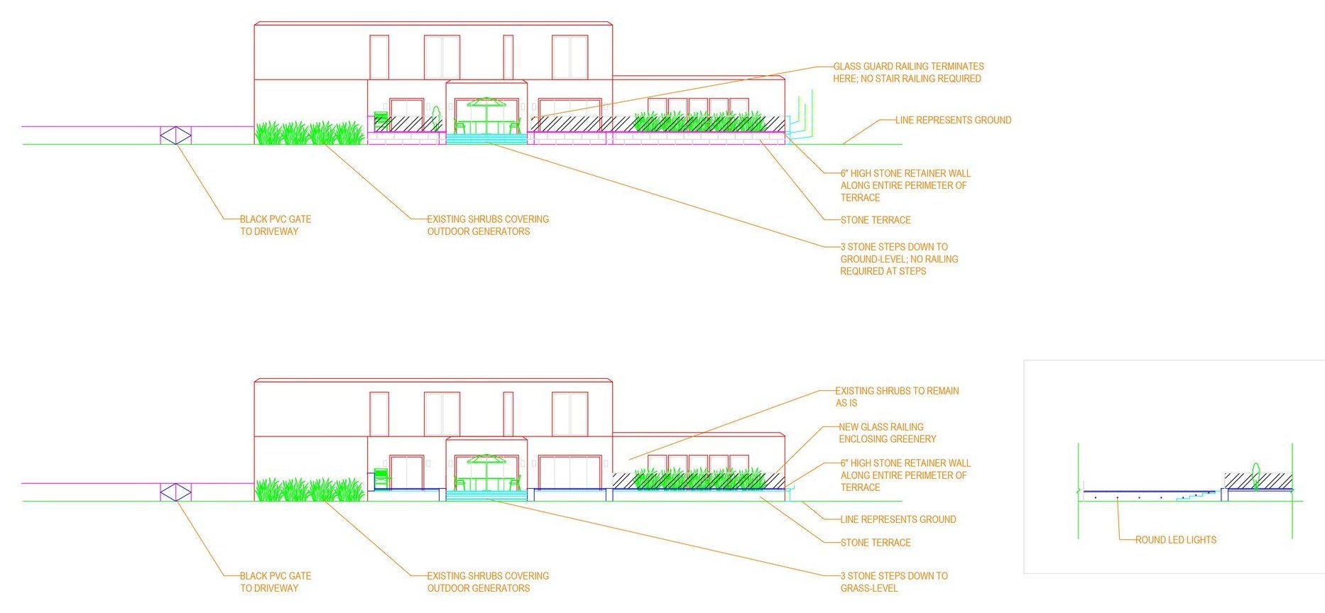 CAD elevations of the house and terrace with notes