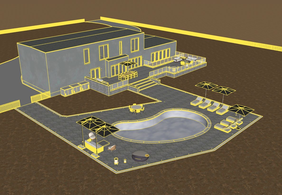 3D model of the house, terrace and pool