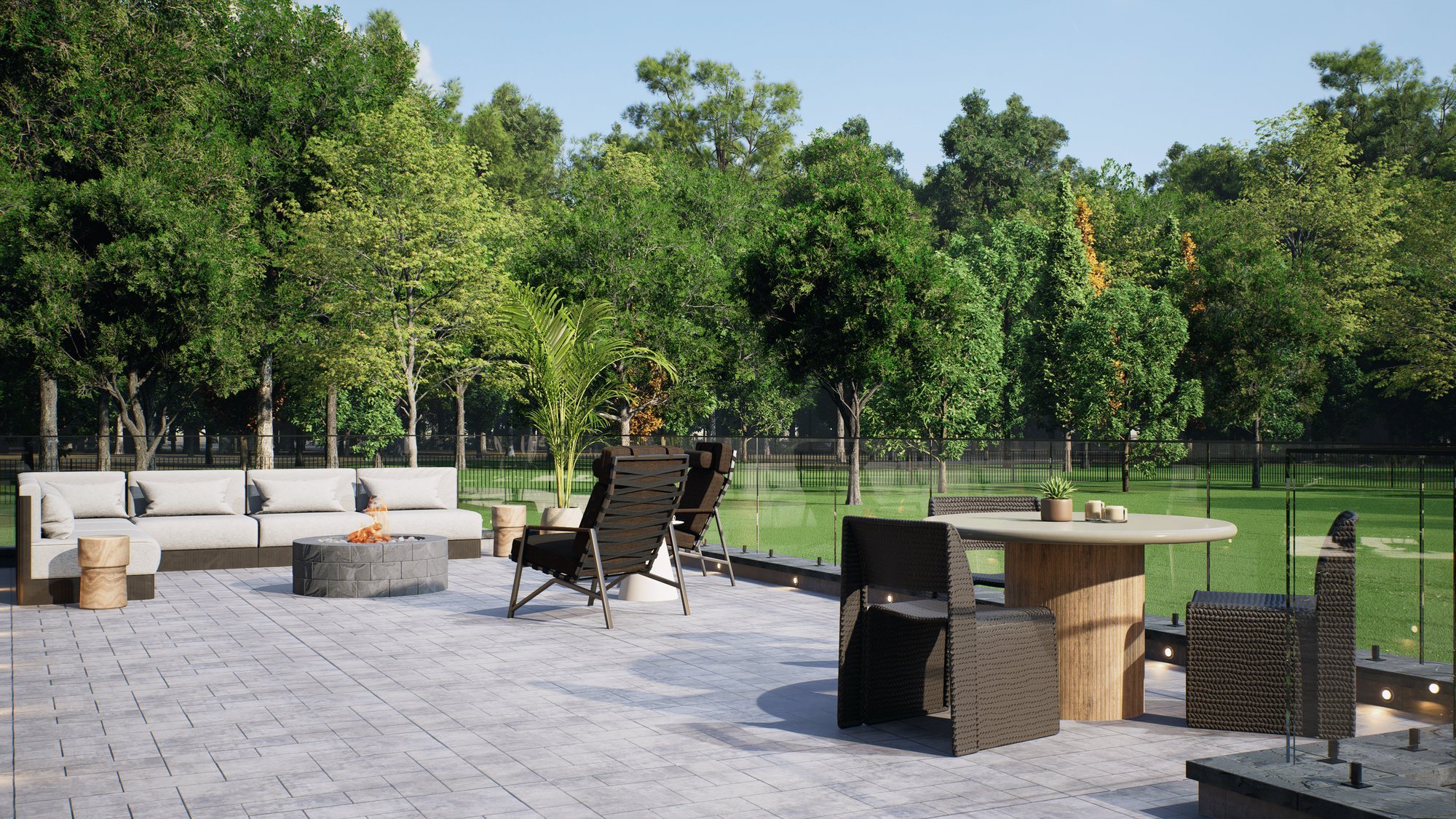 Render of the lounge and dining area facing the trees