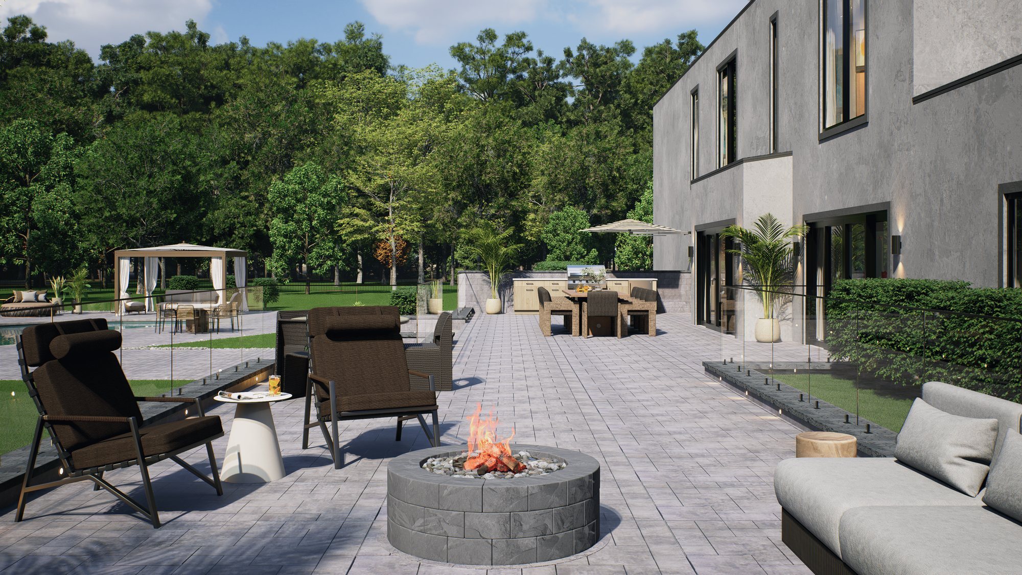 Render of the fire pit lounge next to the house