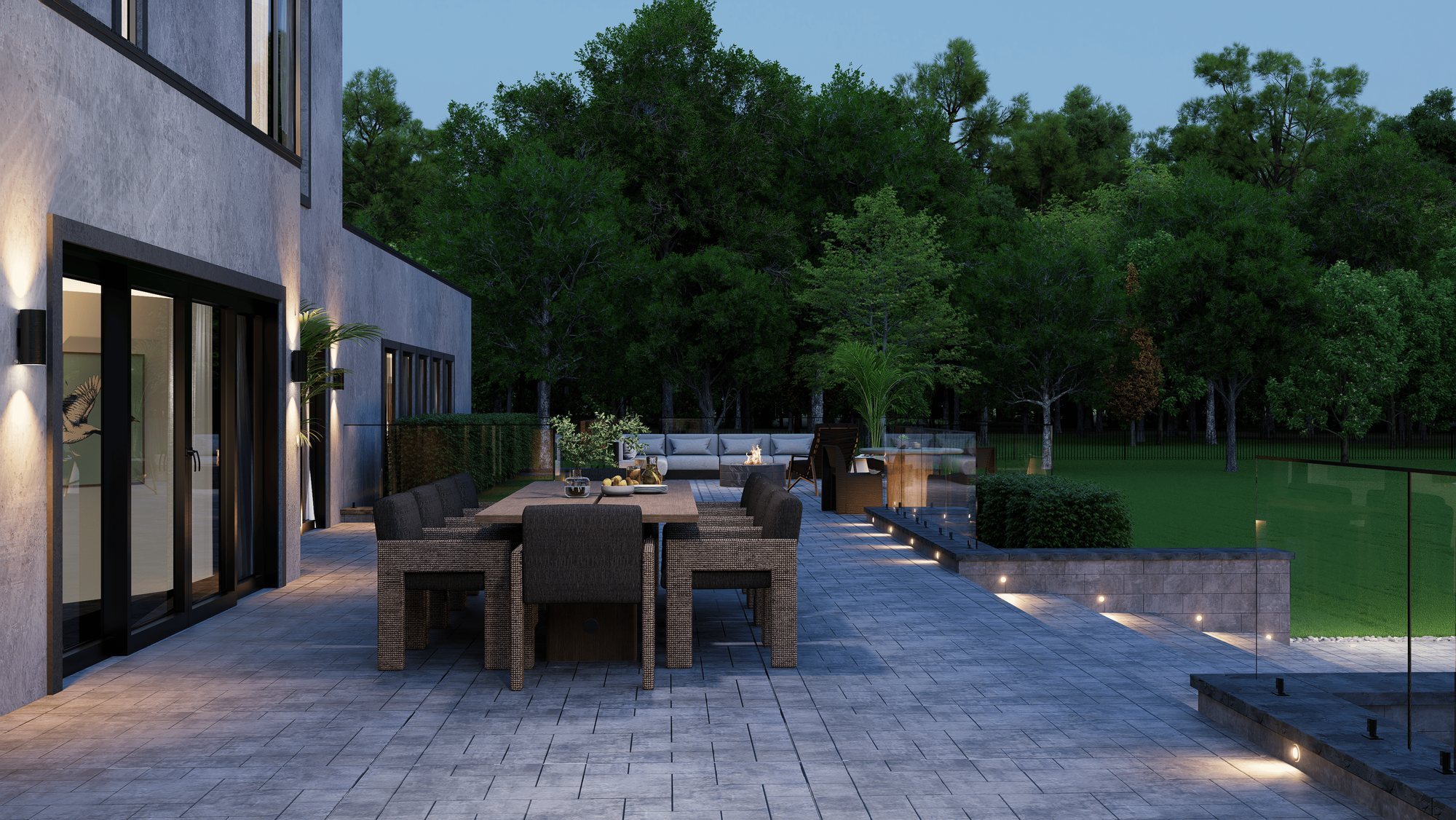 Render of the terrace with step lighting at dusk
