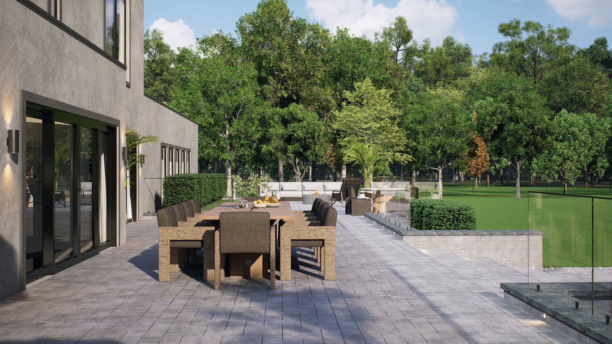 Render of the terrace dining area beside the house
