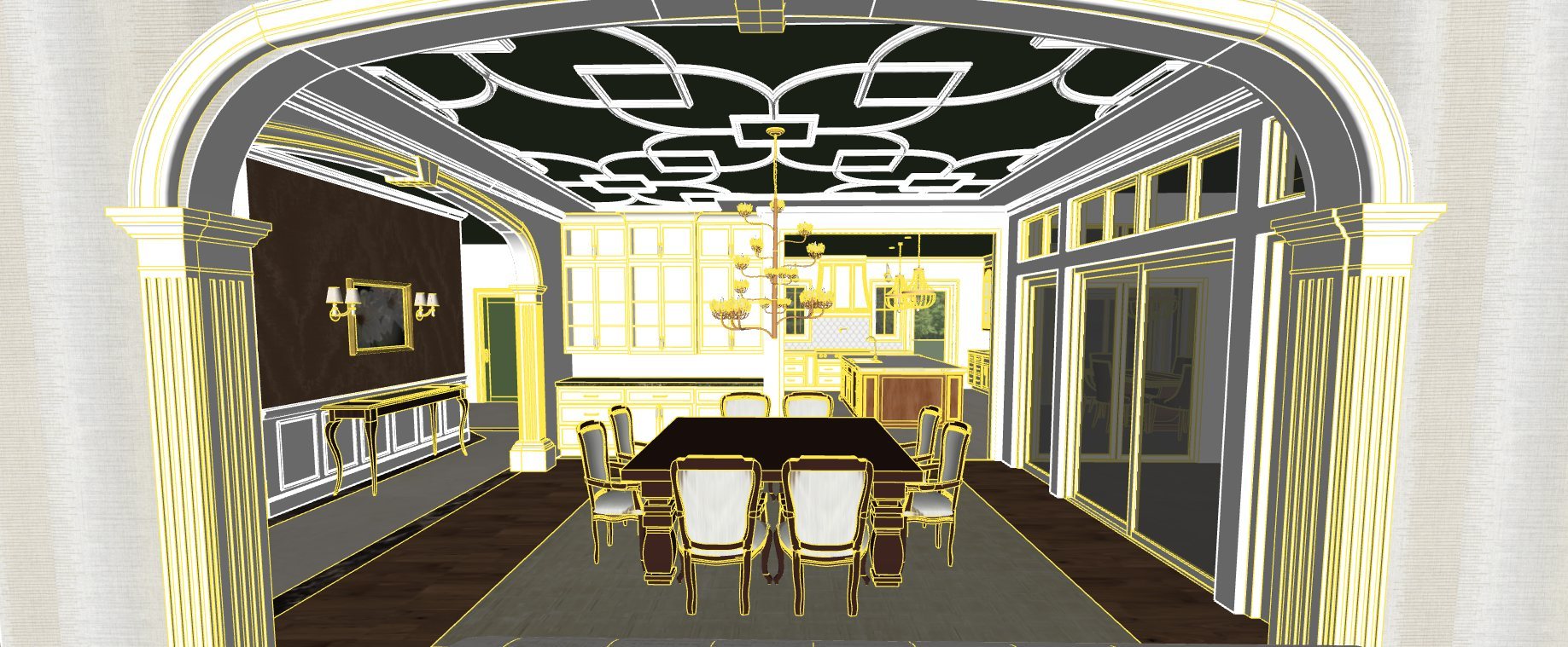3D model of the dining room with arches and a detailed ceiling