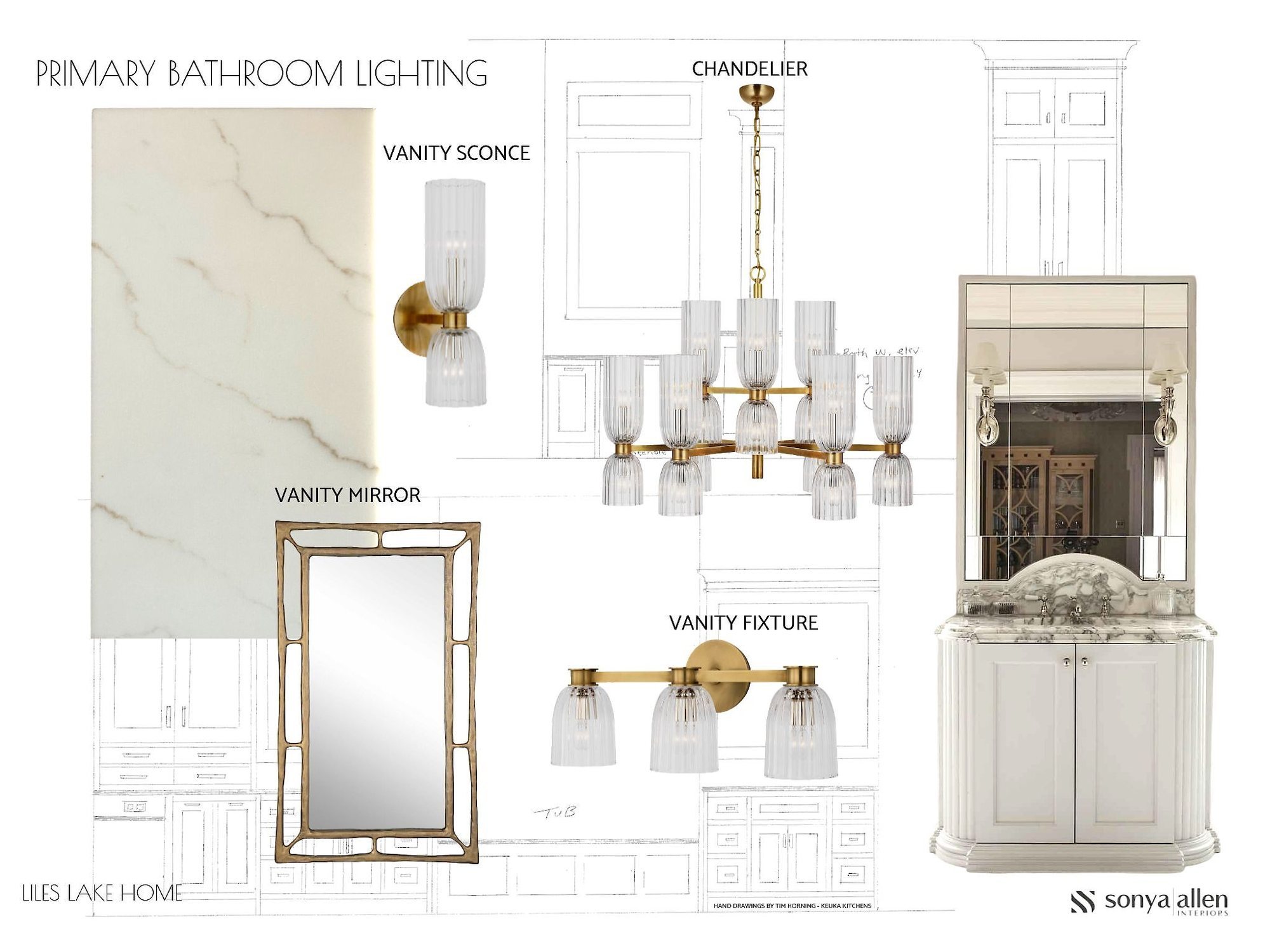 Moodboard for the primary bathroom lighting with sconces, chandelier and mirror