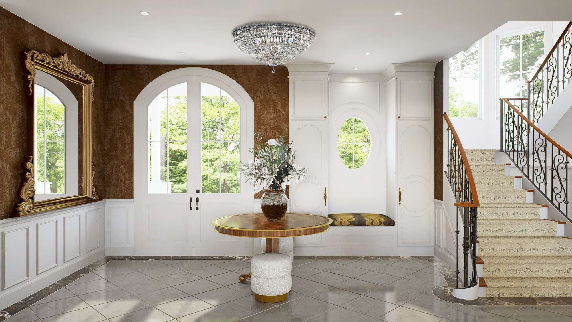 Render of the Liles Residence foyer with a curved staircase and arched doors