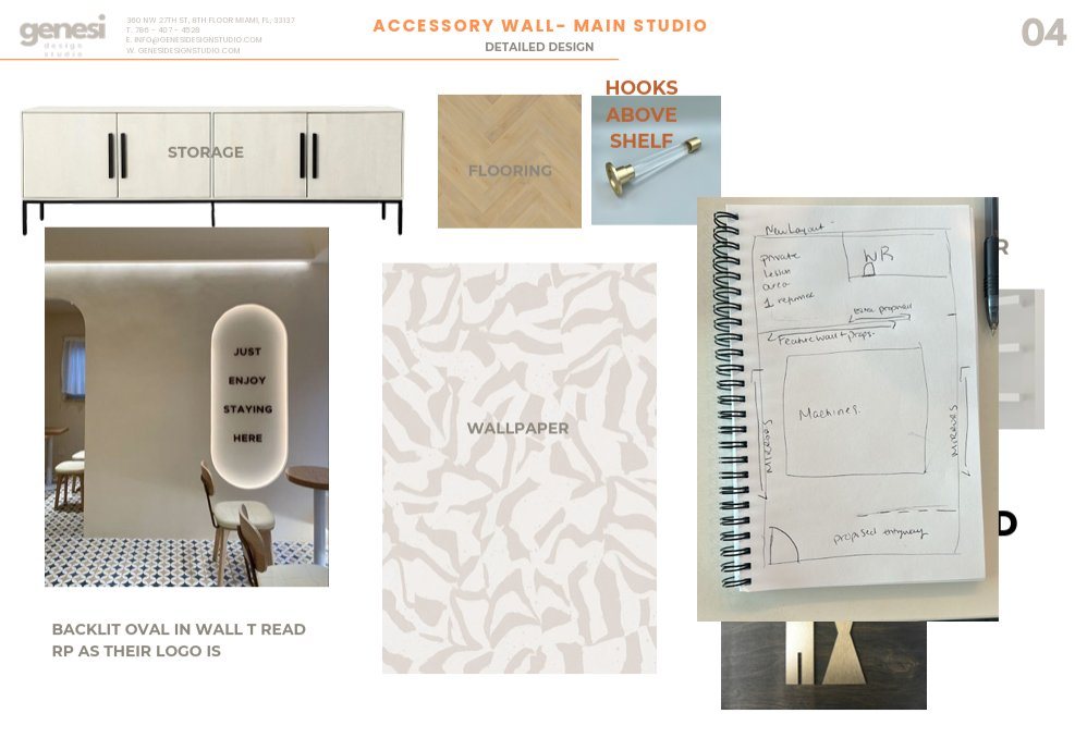 Moodboard page with storage, flooring, wallpaper, a backlit logo reference and the hand-drawn floor plan sketch