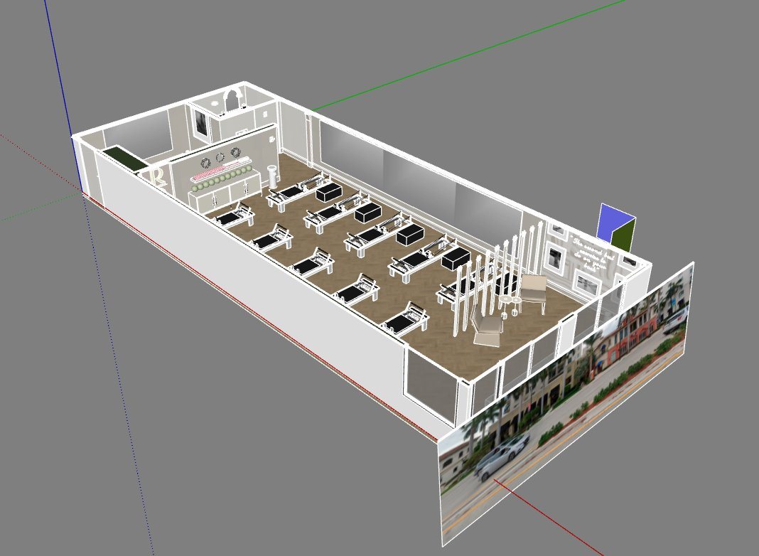 3D model of the full studio floor plan with reformers, columns and storage