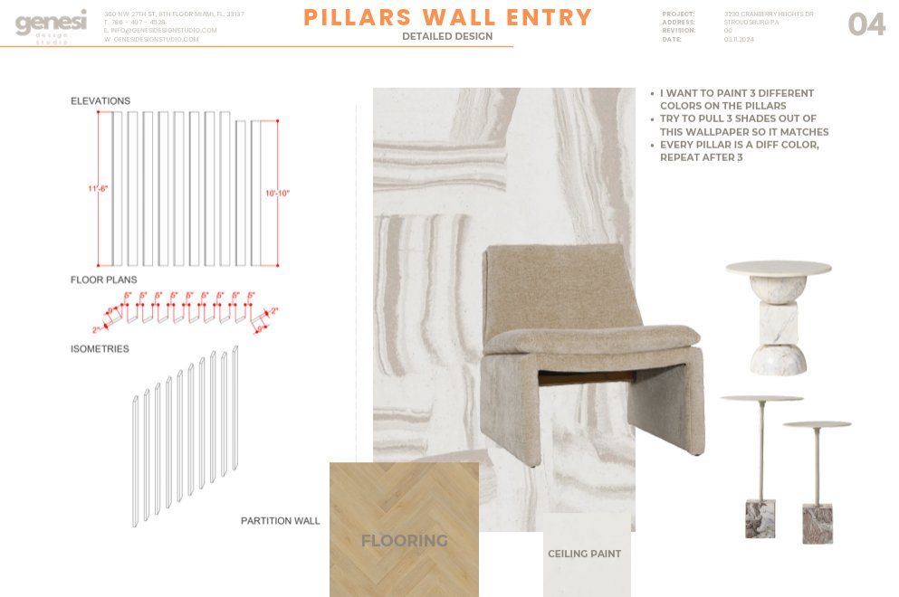 Moodboard page for the pillars wall entry, with elevations, materials and furniture