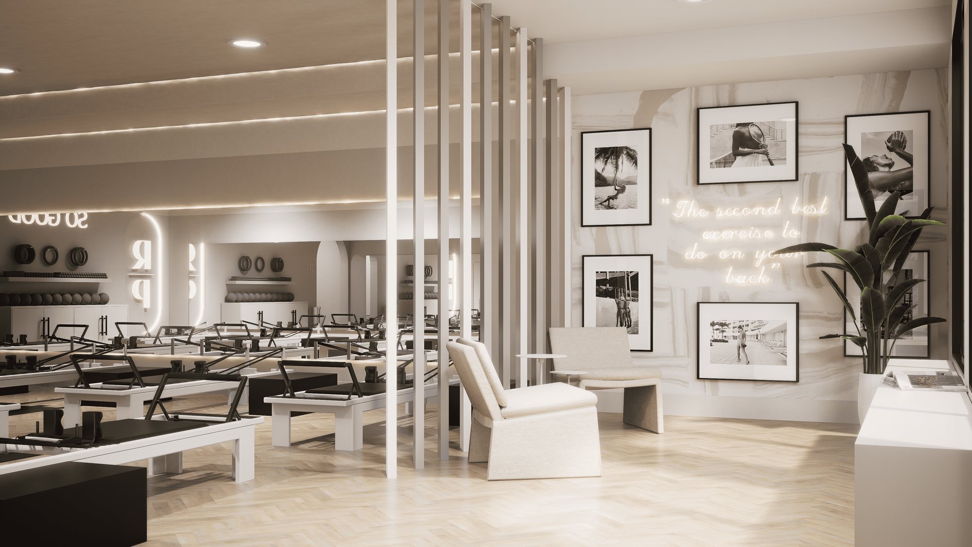 Render of the reformer room and lounge with framed photos