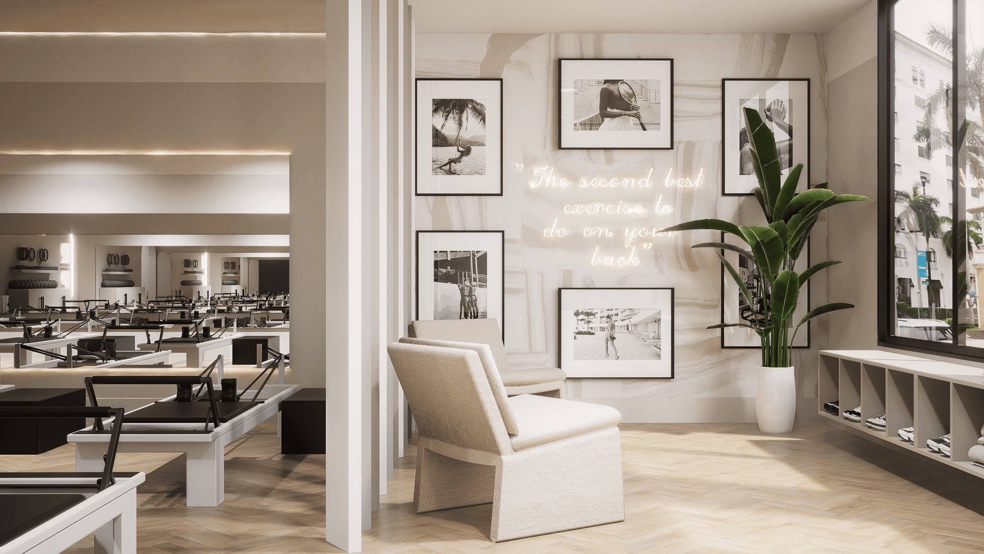 Render of the lounge corner with neon script and plant