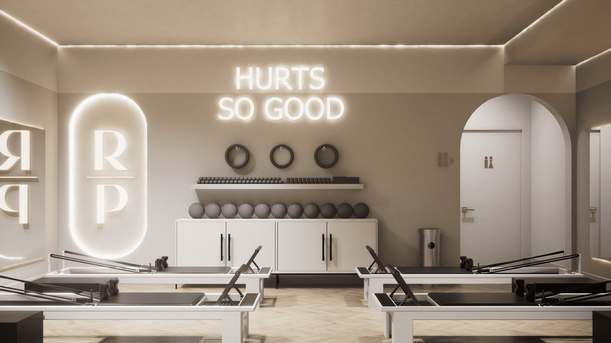 Render of the storage wall with neon sign and arched doorway