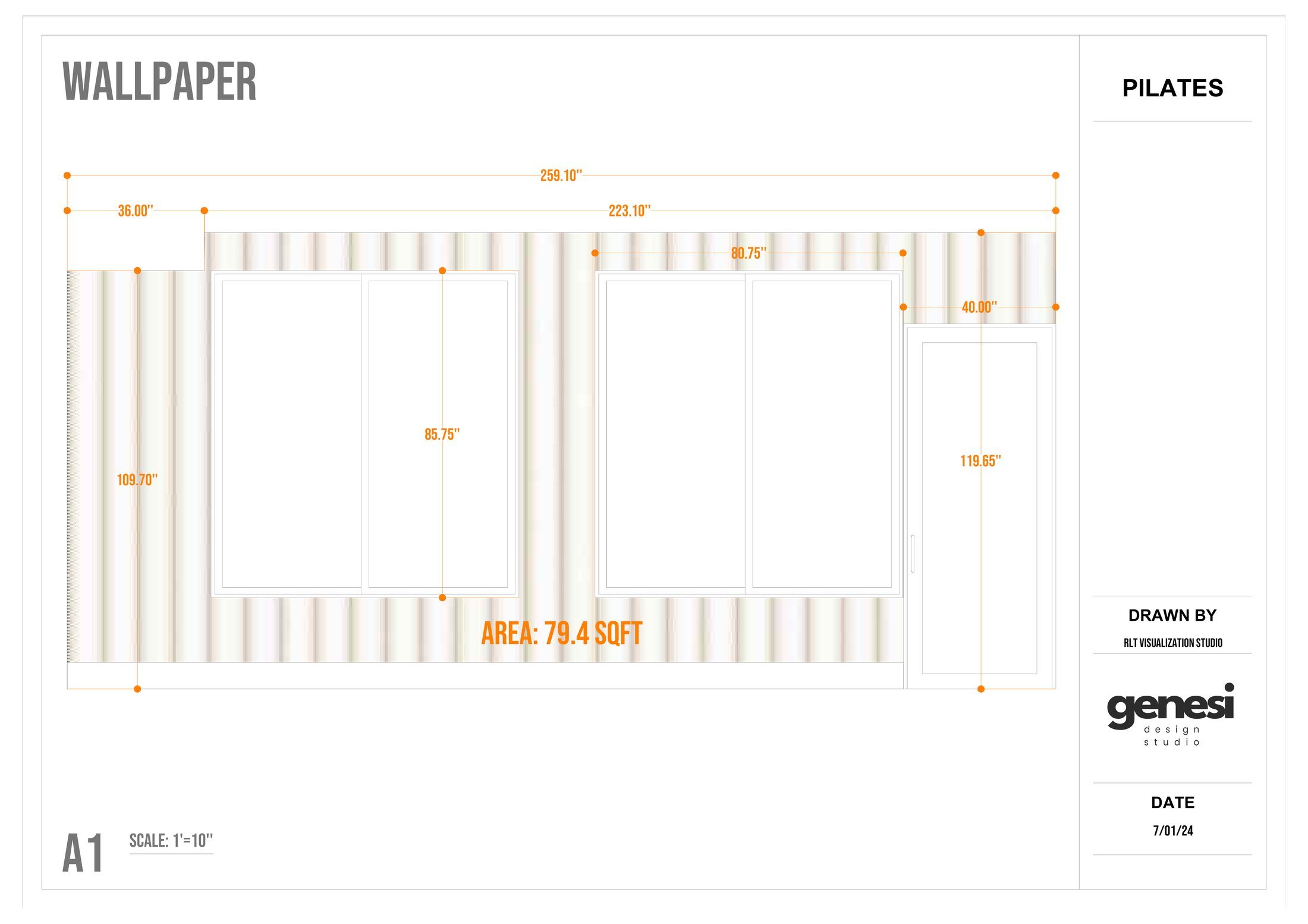 Wallpaper elevation drawing with dimensions and a total area of 79.4 square feet
