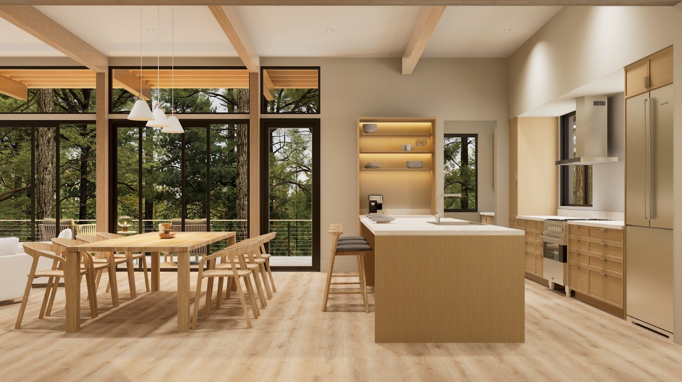 Interior render of the dining area and kitchen with exposed wood beams