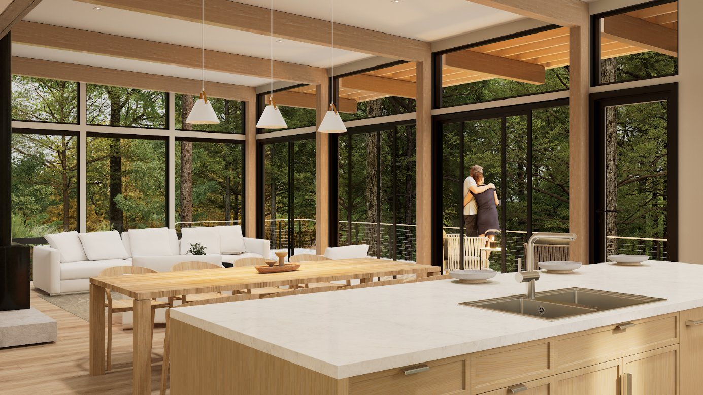 Interior render from the kitchen island toward the living room and forest