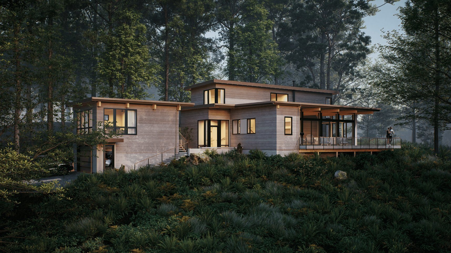 Render of the full façade with garage, entry and deck