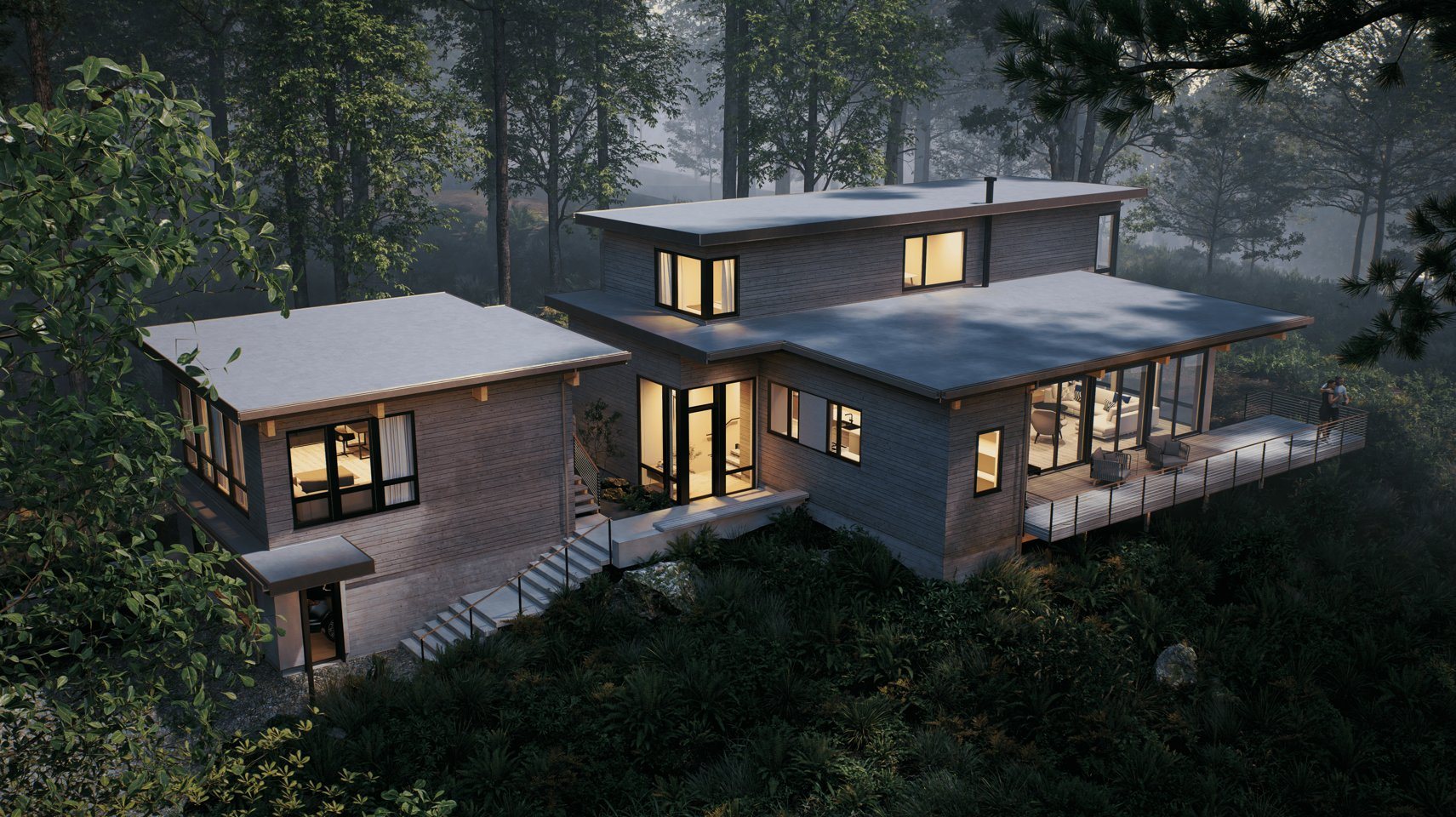 Elevated render of the roofs and stairs stepping down the slope